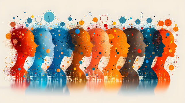 Abstract Row of Colorful Human Profiles Symbolizing Diversity and Mental Health