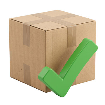 Cardboard box with large green checkmark indicating successful delivery