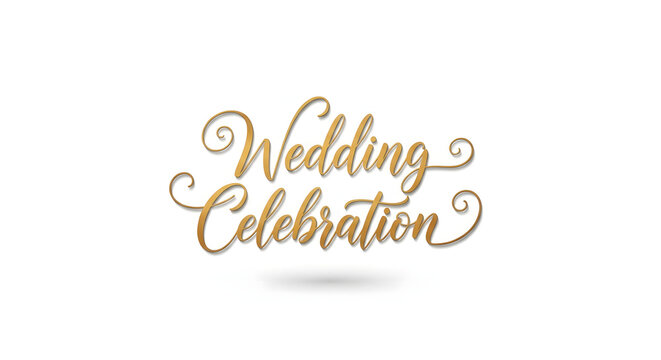 Elegant gold wedding celebration lettering. Luxurious brush calligraphy typography vector set. Shiny metallic font style for bridal invitations and party design elements.