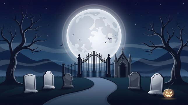 Spooky halloween graveyard background featuring a full moon over an old cemetery gate with dark silhouettes of trees