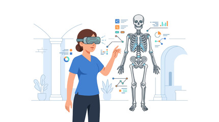 Obraz premium Female medical professional studying human anatomy with virtual reality headset and digital skeleton flat vector element