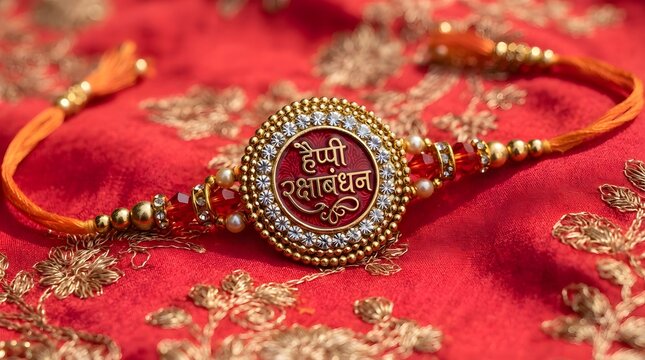 Traditional rakhi with hindi script for raksha bandhan festival, indian celebration of brother and sister bond, on ornate red and gold background