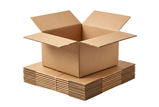 Open cardboard box resting on a stack of flat boxes