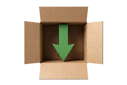 Open cardboard box containing large green downward pointing arrow