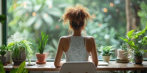 Fototapeta premium Woman working from home with a view of nature outside the open window
