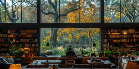 Fototapeta premium A man works from home with a view of nature outside an open window. The concept of remote work, freelancing
