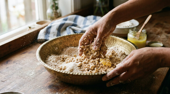 Whole Wheat Flour Dough Preparation in Brass Karahi on Rustic Countertop
