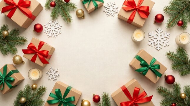 Colorful gift boxes with red and green ribbons on greenery background