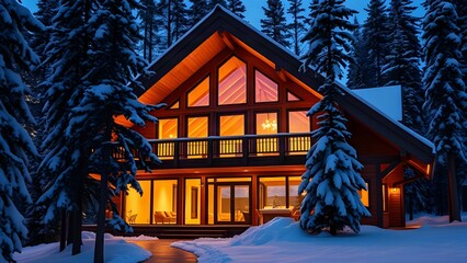Fototapeta premium modern luxury wooden chalet in a snowy mountain forest during twilight winter evening