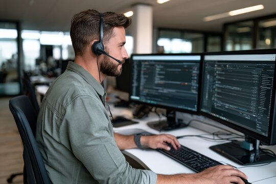 Male software developer wearing headset coding on dual monitors, IT support and remote technology work concept