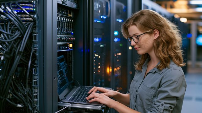 Female IT technician working on laptop in server room, data center maintenance and network security concept