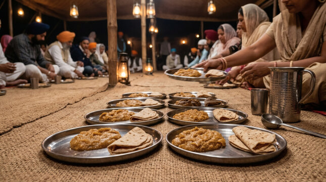 Authentic kada prasad with chapati on rustic communal langar table
