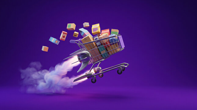 A dynamic 3D rendering of a shopping cart transformed into a rocket, swiftly ascending with smoke and products.