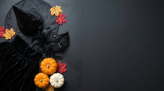 Black witch hat with autumn leaves and mini pumpkins on dark background