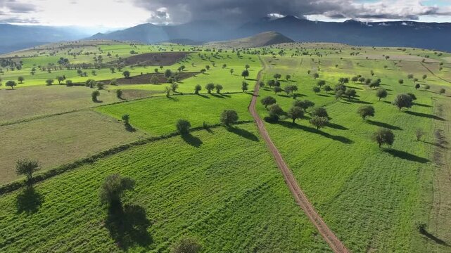 Aerial Turkey farmland patchwork fields hills cultivated plains rural terrain detail.