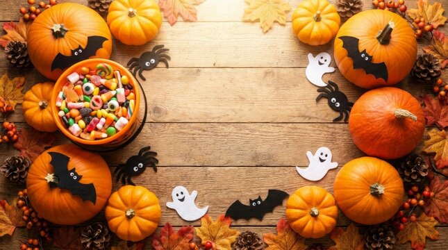 Halloween pumpkins with candy bowl and ghost cat decorations on wooden table