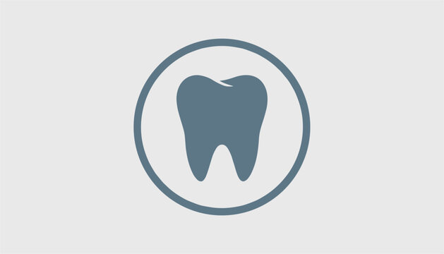 Minimalist dark blue tooth icon inside a circular frame over a gray background, perfect for dental clinic branding.