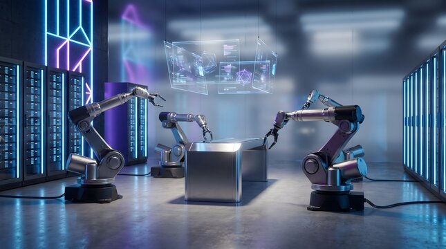 Industrial robotic arms in a high-tech manufacturing environment