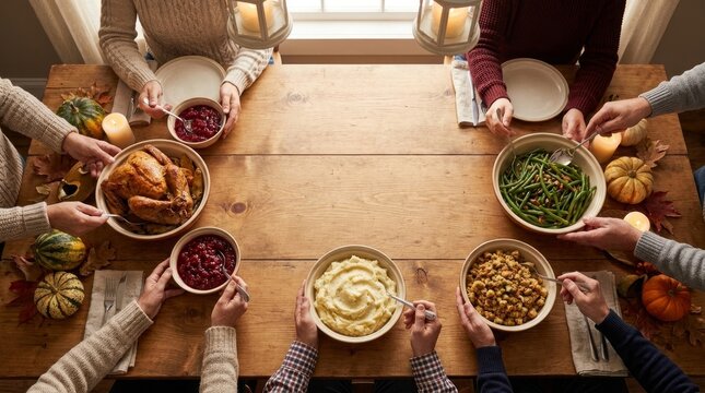 People sharing meal together around wooden table