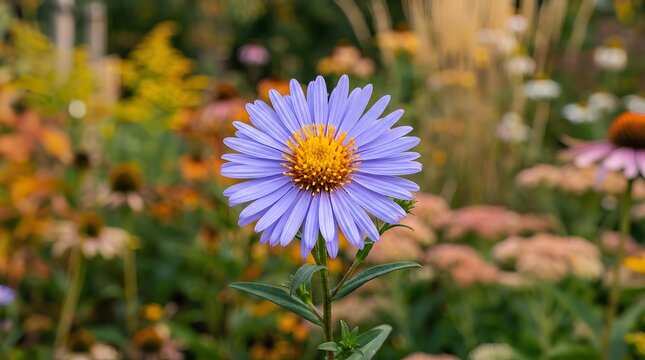 Single purple aster flower in autumn garden.