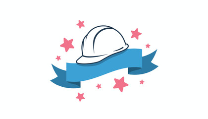 Fototapeta premium Construction hard hat icon sitting atop a blue ribbon banner, decorated with pink stars on a white background.