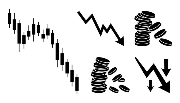 Financial crash icon set featuring descending candlestick chart downward trend arrows and collapsing stacks of money coins silhouette