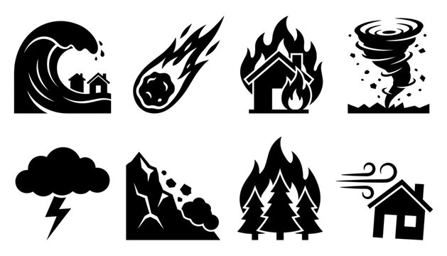 Natural disasters icon set featuring tsunami meteor house fire tornado thunderstorm landslide forest wildfire and heavy wind silhouette