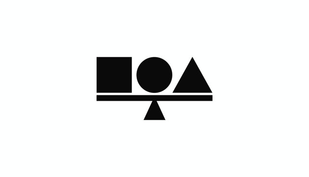 Black silhouette of a square, circle, and triangle balancing perfectly on a seesaw pivot scale mechanism.