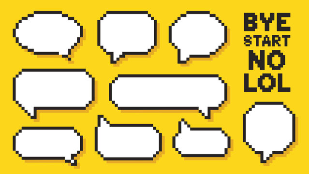 Pixel Art Speech Bubbles and Text on Yellow Background