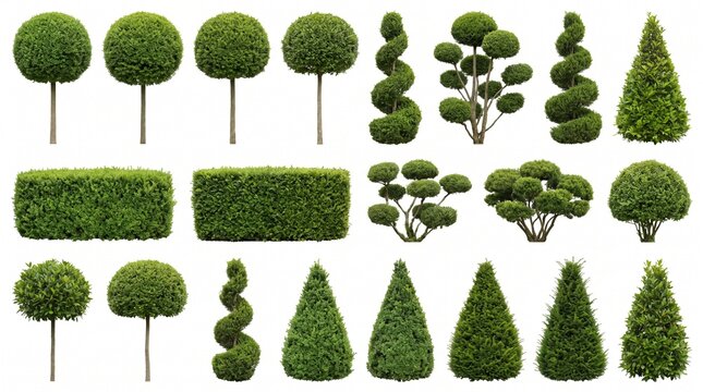 Set of Various Topiary Trees and Hedges Isolated on White Background