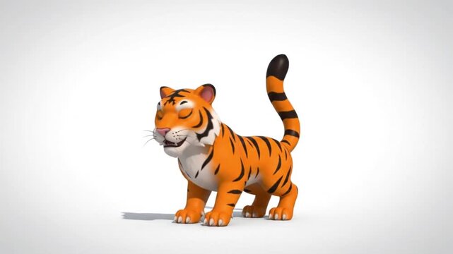 A playful 3D cartoon tiger character with an orange and black striped coat leaps and lands on a soft gray gradient background. This charming, high-detail character animation represents the Tiger sign 