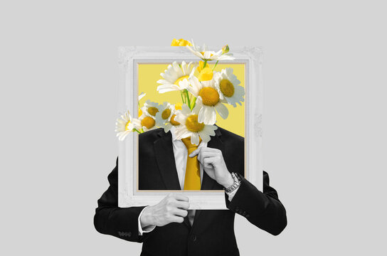 Digital collage modern art, Businessman in black suit with flowers head	
