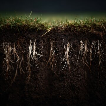 Detailed closeup of grass pitch aeration holes and roots