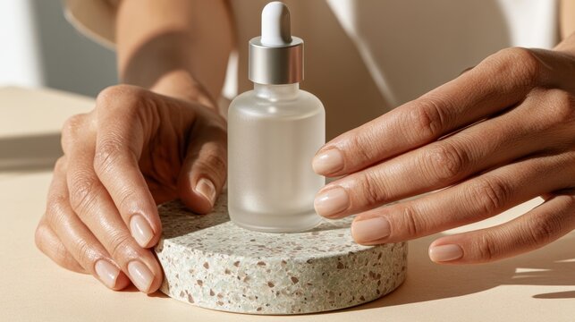Elegant hands gently holding a glass dropper bottle on a speckled stone base