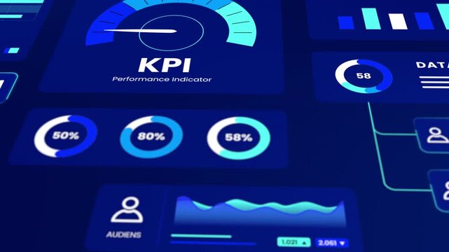 Dynamic digital interface tracking KPI performance indicators and user audience metrics.