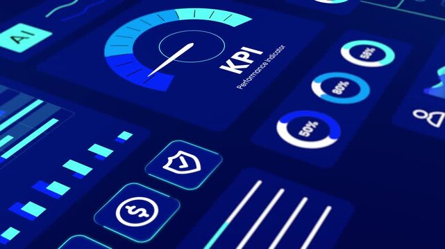 Angled perspective view of glowing blue KPI meter and digital data performance indicators.