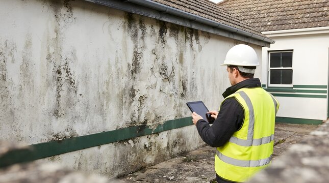 Building inspector examining an exterior wall, assessing severe water damage, black mold growth, and moisture issues during a property inspection documenting repair needs See Less
