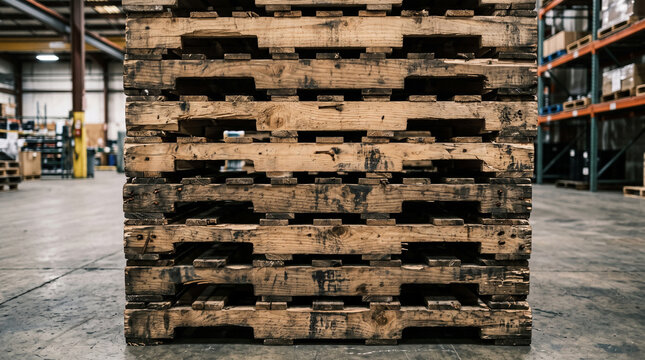 Close-up of a stacked pile of worn and damaged wooden pallets in an industrial warehouse, showing old textures, rough wood and an untreated minimalist structure
