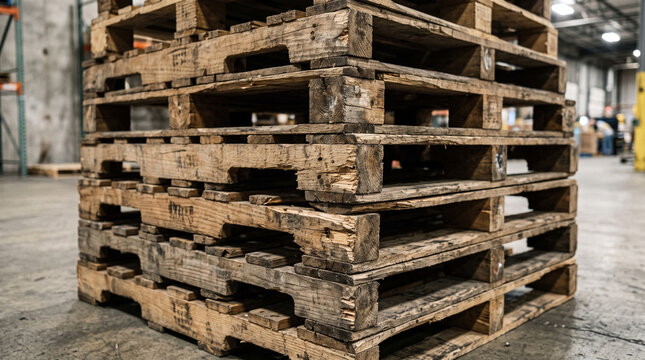 Close-up of a stacked pile of worn and damaged wooden pallets in an industrial warehouse, showing old textures, rough wood and an untreated minimalist structure