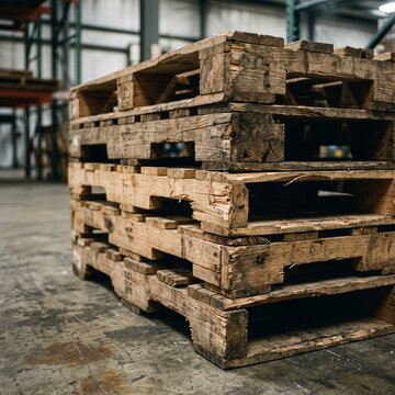 Close-up of a stacked pile of worn and damaged wooden pallets in an industrial warehouse, showing old textures, rough wood and an untreated minimalist structure