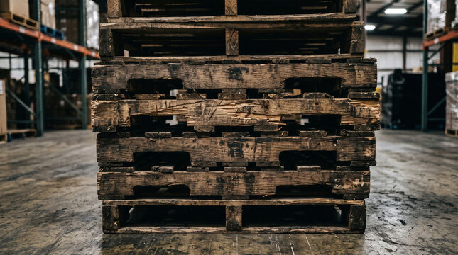 Close-up of a stacked pile of worn and damaged wooden pallets in an industrial warehouse, showing old textures, rough wood and an untreated minimalist structure