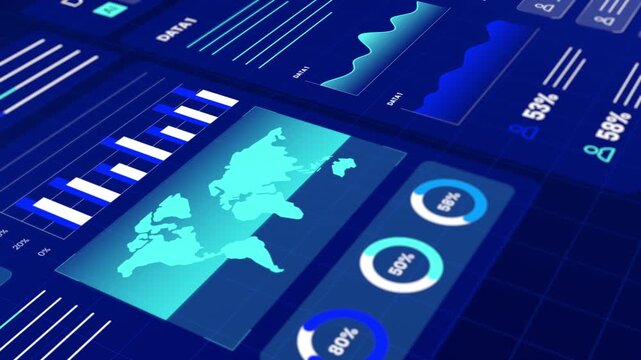 Angled perspective of high tech blue ADS dashboard tracking ad reach, wave graphs, and user data.