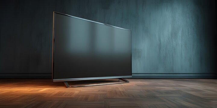 A sleek modern flat screen television stands on a polished wooden floor against a textured gray wall.