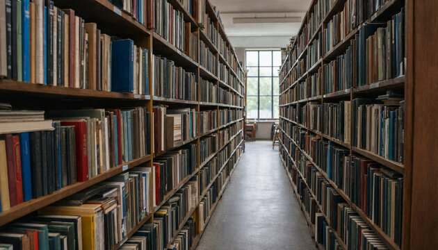 Bright public library aisle between modern full bookshelves with reading window at end