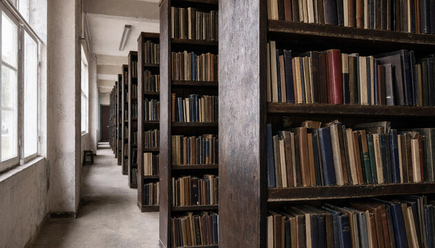Aisle between tall dark wooden bookshelves in quiet university research library