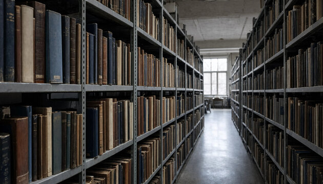 Modern university library aisle with metal book racks and clean reflection on polished floor
