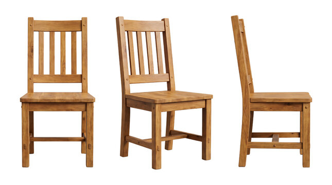 Three wooden chairs isolated on white background showing front, side and perspective views.