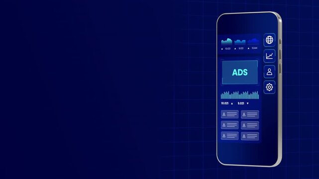 Mobile phone interface displaying blue advertising performance indicators and user management metrics.