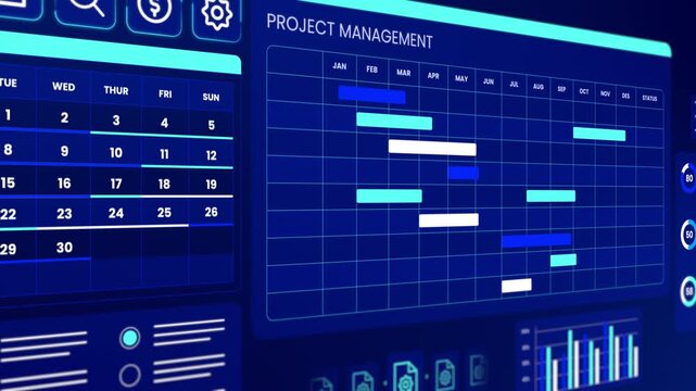 Blue digital dashboard interface tracking project management timeline, monthly calendar, and gantt chart.