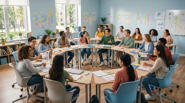 Diverse group of students sitting in circular table arrangement in bright modern classroom, engaged in collaborative discussion, brainstorming and peer learning session